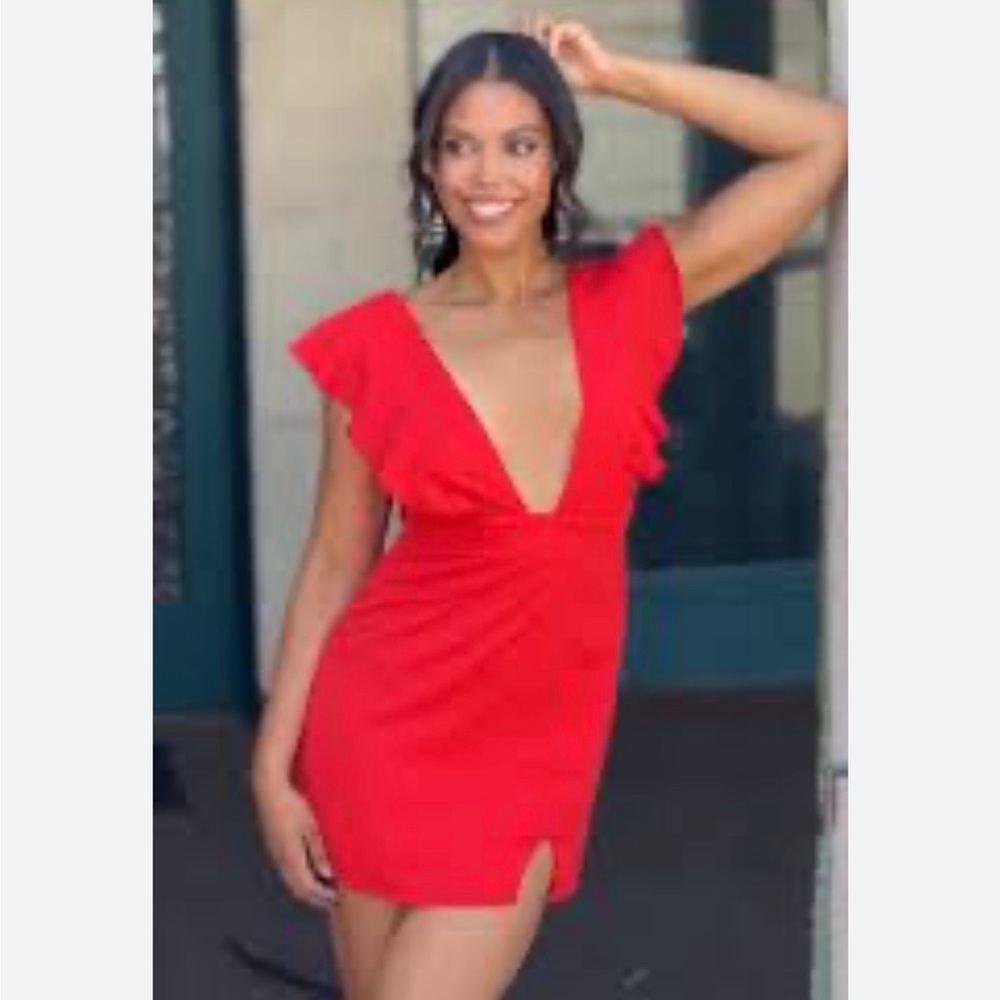 SUPERDOWN Harlow Red  sticking deep V neckline Ruffle Sleeve Mini Dress sz S